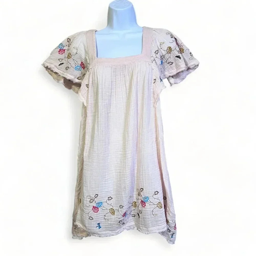 Anthropologie Womens Pink Embroidered Gauzeβ Square Neck Tunic Dress Sz XS Bees